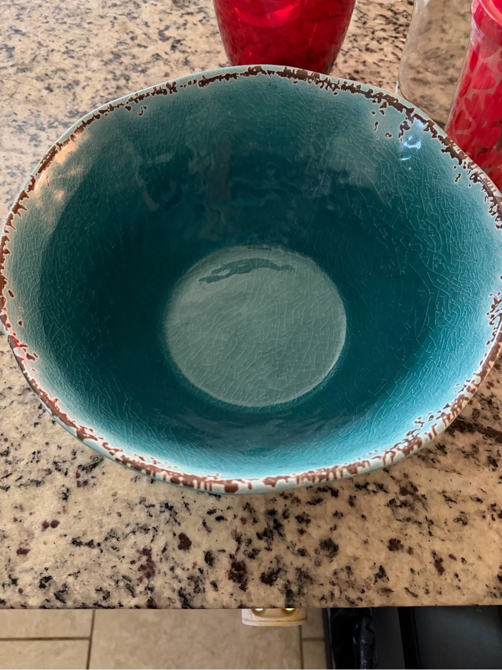 Glazed Ceramic Serving Bowl in Teal with Distressed Rim